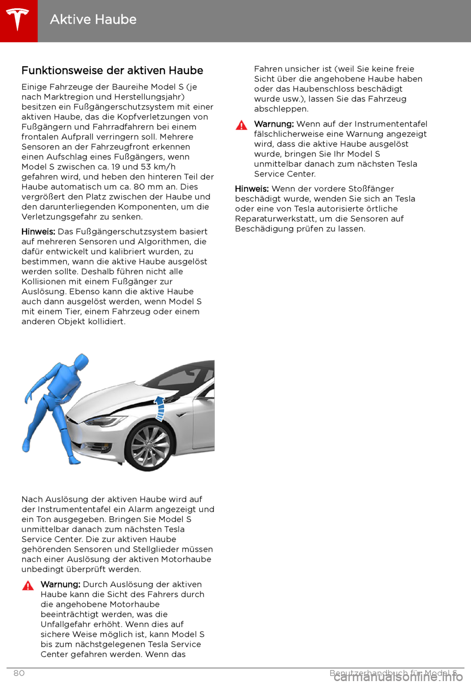 TESLA MODEL S 2019  Betriebsanleitung (in German) Aktive Haube
Funktionsweise der aktiven Haube Einige Fahrzeuge der Baureihe Model S (je
nach Marktregion und Herstellungsjahr) besitzen ein Fu