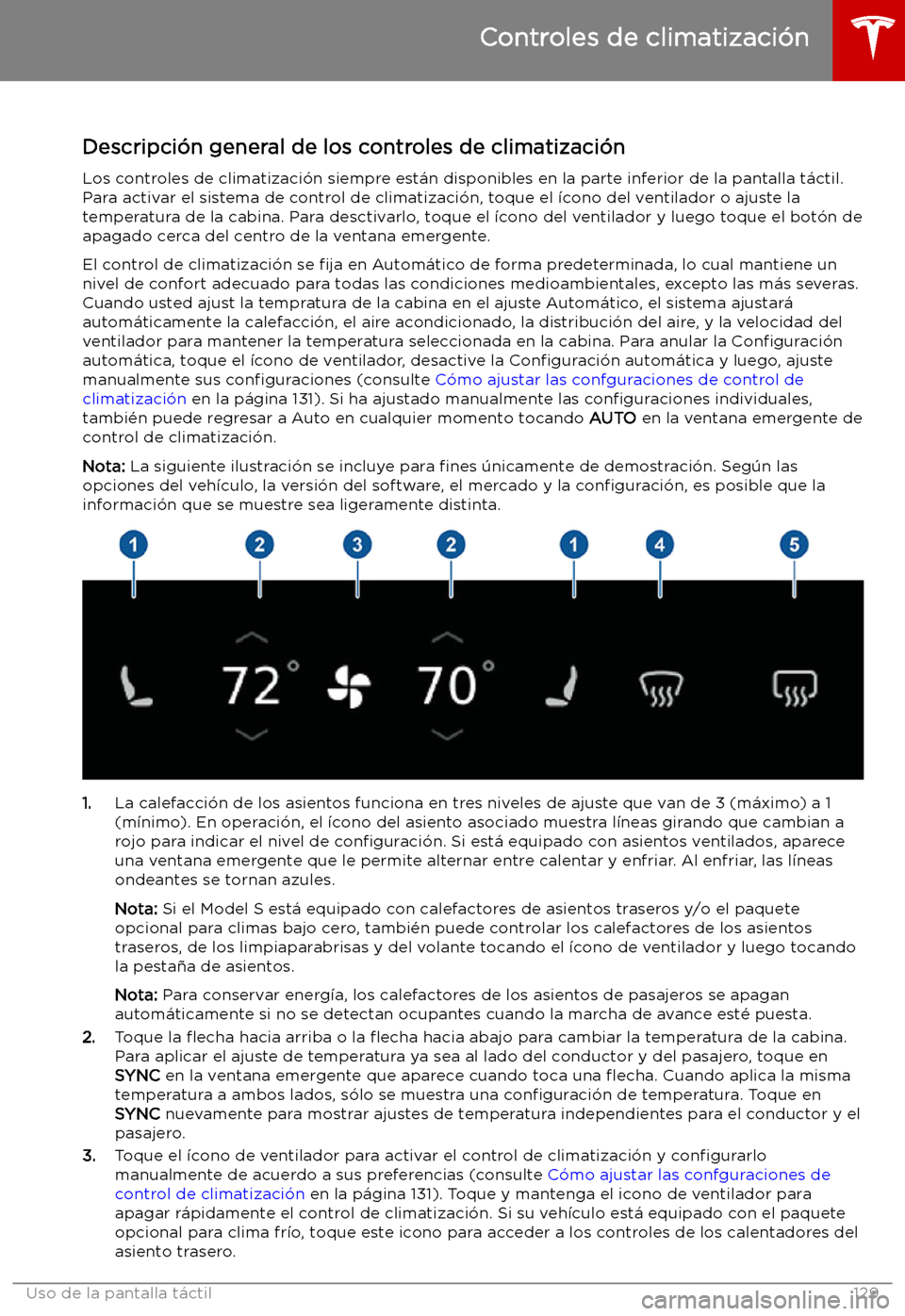 TESLA MODEL S 2019  Manual del propietario (in Spanish) Controles de climatizaci