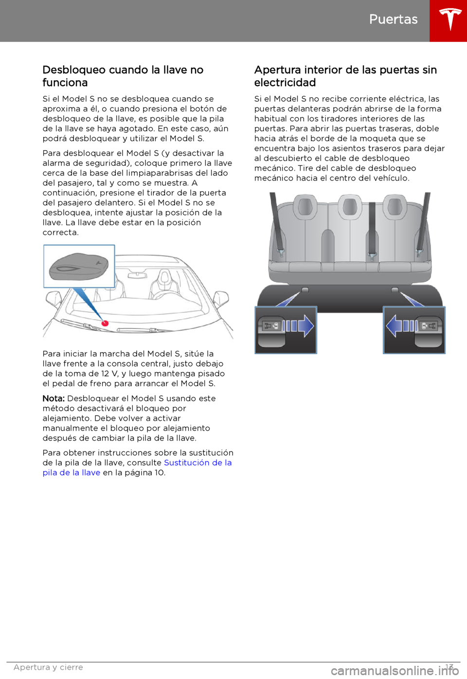 TESLA MODEL S 2019  Manual del propietario (in Spanish) Desbloqueo cuando la llave no
funciona
Si el Model S no se desbloquea cuando se
aproxima a 