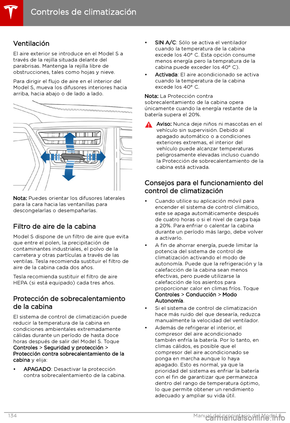 TESLA MODEL S 2019 Manual del propietario (in Spanish) Ventilaci TESLA MODEL S 2019 Manual del propietario (in Spanish) Ventilaci