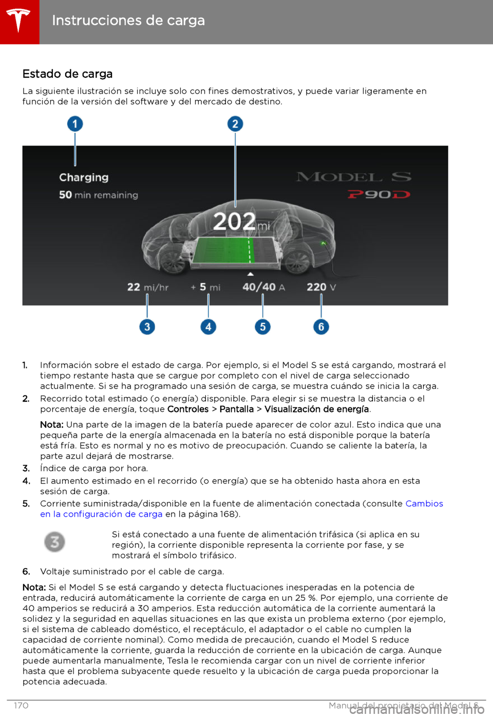 TESLA MODEL S 2019 Manual del propietario (in Spanish) Estado de carga
La siguiente ilustraci TESLA MODEL S 2019 Manual del propietario (in Spanish) Estado de carga
La siguiente ilustraci