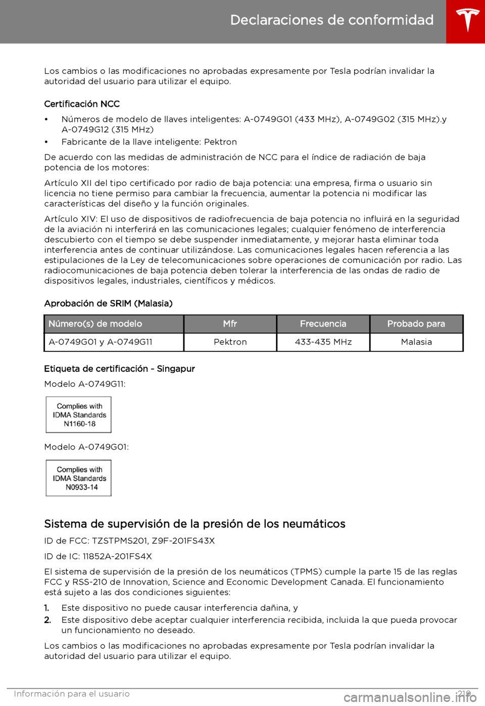 TESLA MODEL S 2019  Manual del propietario (in Spanish) Los cambios o las modi