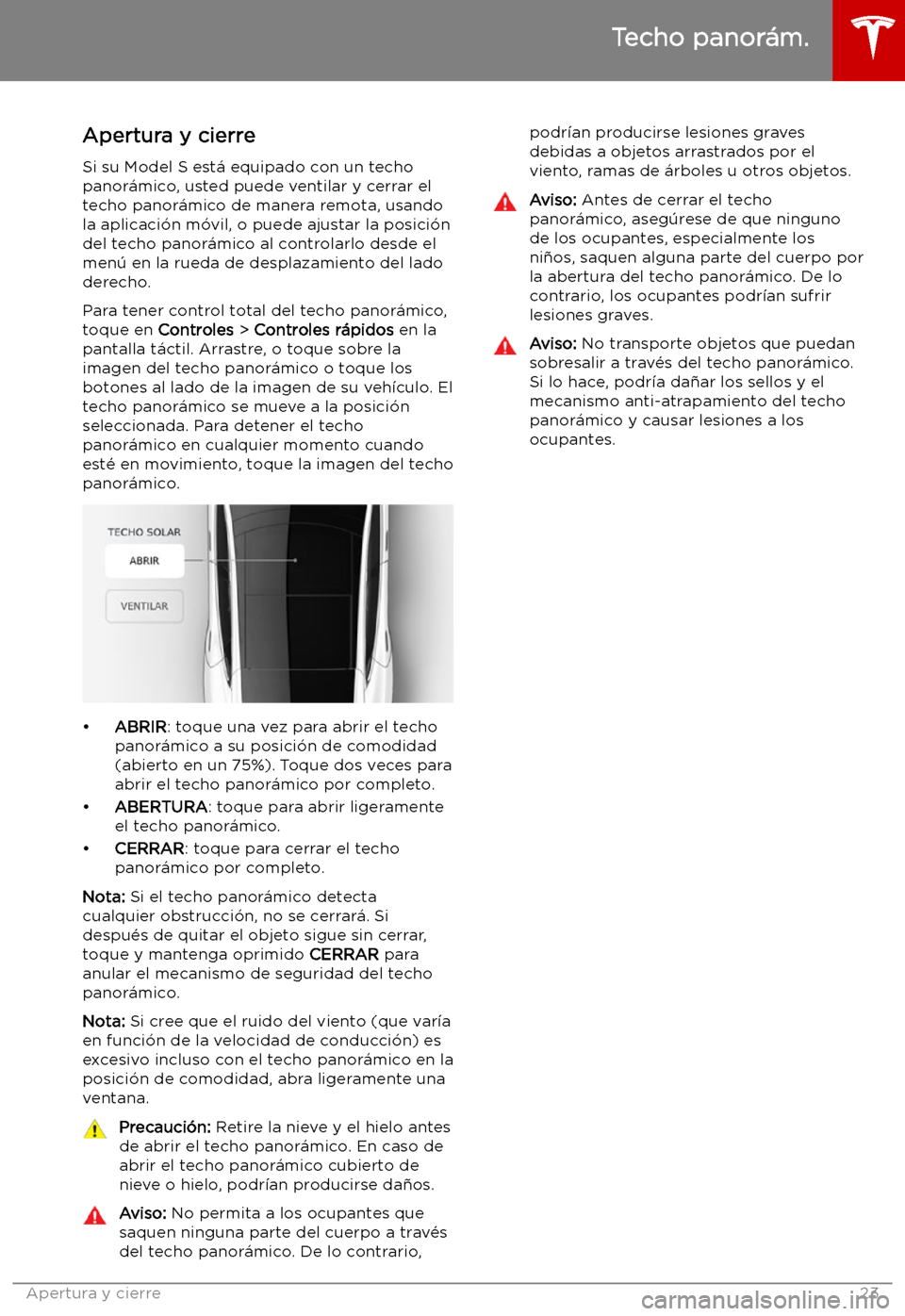 TESLA MODEL S 2019  Manual del propietario (in Spanish) Techo panor
