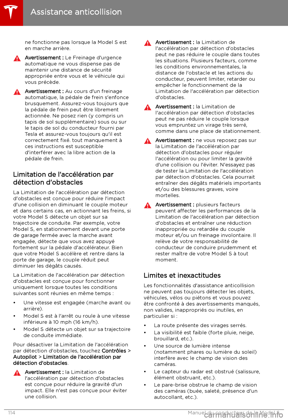 TESLA MODEL S 2019 Manuel du propriétaire (in French) ne fonctionne pas lorsque la Model S esten marche arri TESLA MODEL S 2019 Manuel du propriétaire (in French) ne fonctionne pas lorsque la Model S esten marche arri