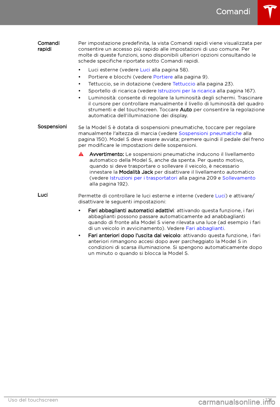 TESLA MODEL S 2019 Manuale del proprietario (in Italian) Comandi
rapidiPer impostazione prede TESLA MODEL S 2019 Manuale del proprietario (in Italian) Comandi
rapidiPer impostazione prede