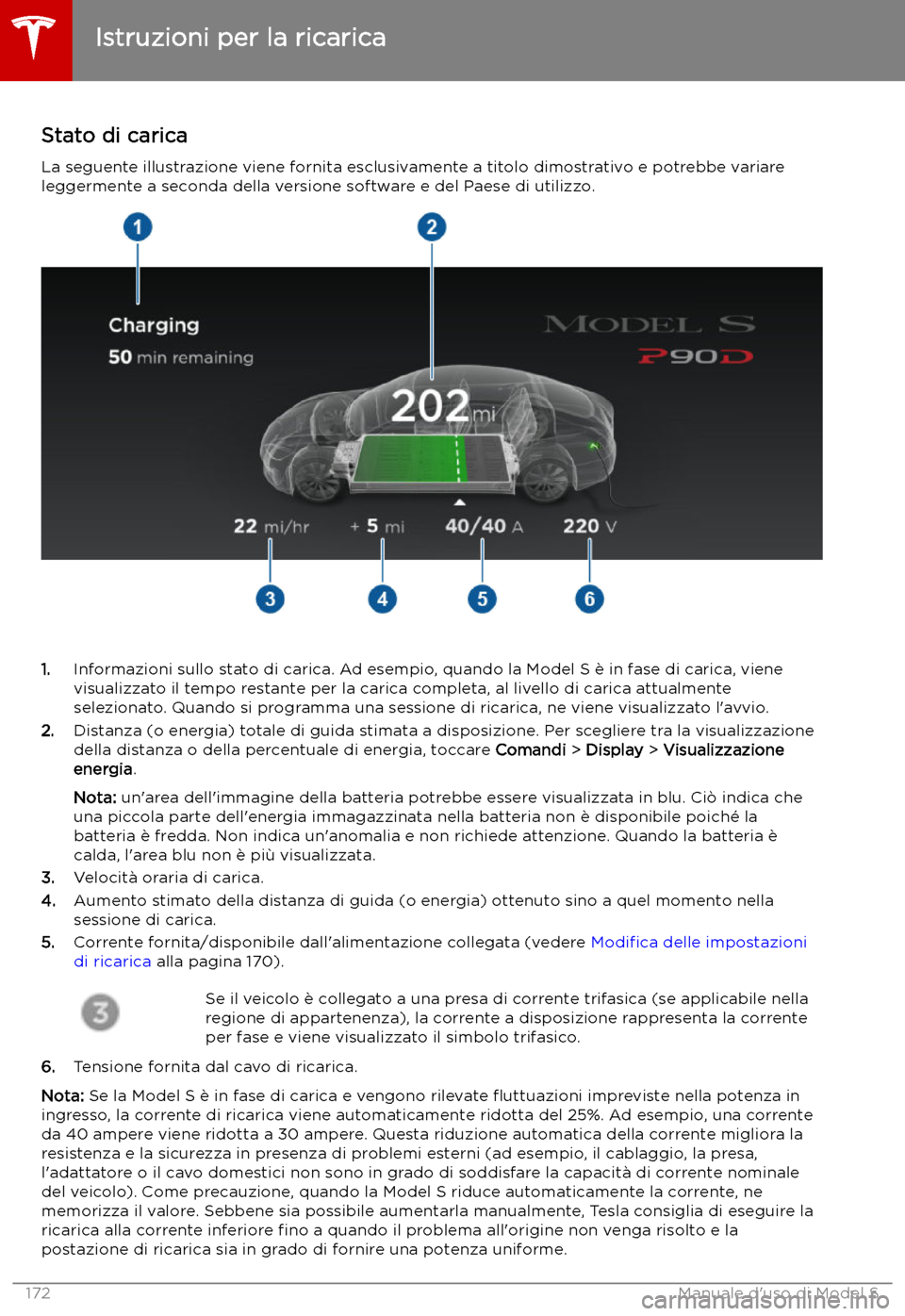TESLA MODEL S 2019 Manuale del proprietario (in Italian) Stato di carica
La seguente illustrazione viene fornita esclusivamente a titolo dimostrativo e potrebbe variare leggermente a seconda della versione software e del Paese di utilizzo.
1. Informazioni s TESLA MODEL S 2019 Manuale del proprietario (in Italian) Stato di carica
La seguente illustrazione viene fornita esclusivamente a titolo dimostrativo e potrebbe variare leggermente a seconda della versione software e del Paese di utilizzo.
1. Informazioni s