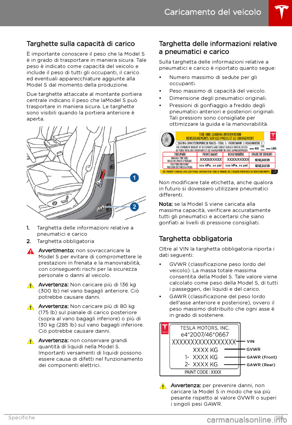 TESLA MODEL S 2019  Manuale del proprietario (in Italian) Caricamento del veicolo
Targhette sulla capacit