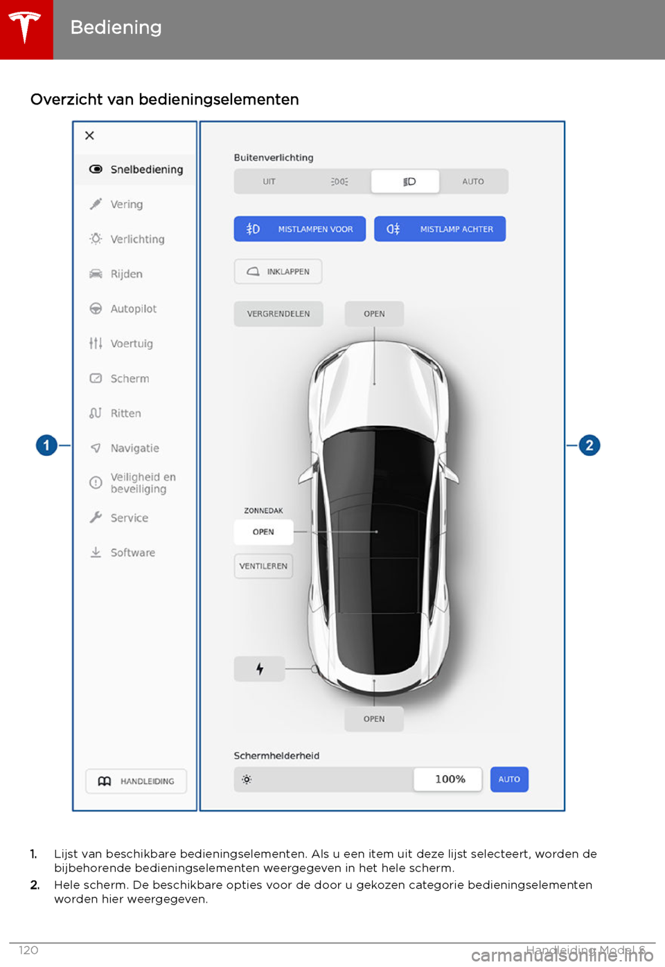 TESLA MODEL S 2019  Handleiding (in Dutch) Overzicht van bedieningselementen
1.Lijst van beschikbare bedieningselementen. Als u een item uit deze lijst selecteert, worden de
bijbehorende bedieningselementen weergegeven in het hele scherm.
2. H