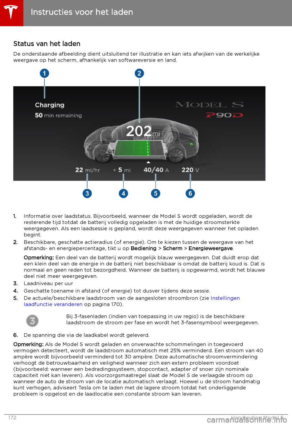 TESLA MODEL S 2019 Handleiding (in Dutch) Status van het laden
De onderstaande afbeelding dient uitsluitend ter illustratie en kan iets afwijken van de werkelijke weergave op het scherm, afhankelijk van softwareversie en land.
1. Informatie o TESLA MODEL S 2019 Handleiding (in Dutch) Status van het laden
De onderstaande afbeelding dient uitsluitend ter illustratie en kan iets afwijken van de werkelijke weergave op het scherm, afhankelijk van softwareversie en land.
1. Informatie o