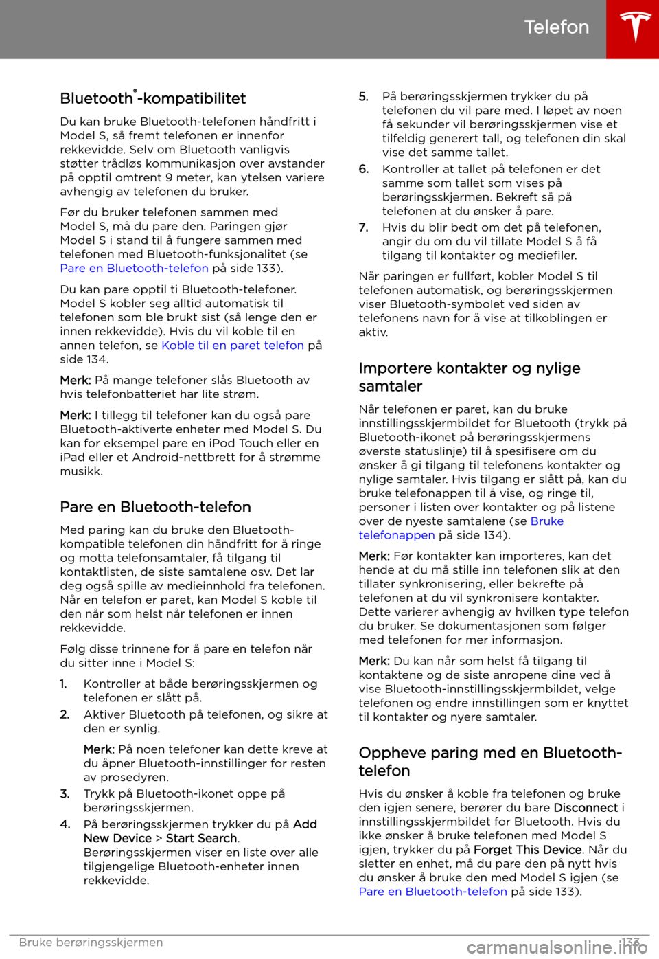 TESLA MODEL S 2019  Brukerhåndbok (in Norwegian) Telefon
Bluetooth 