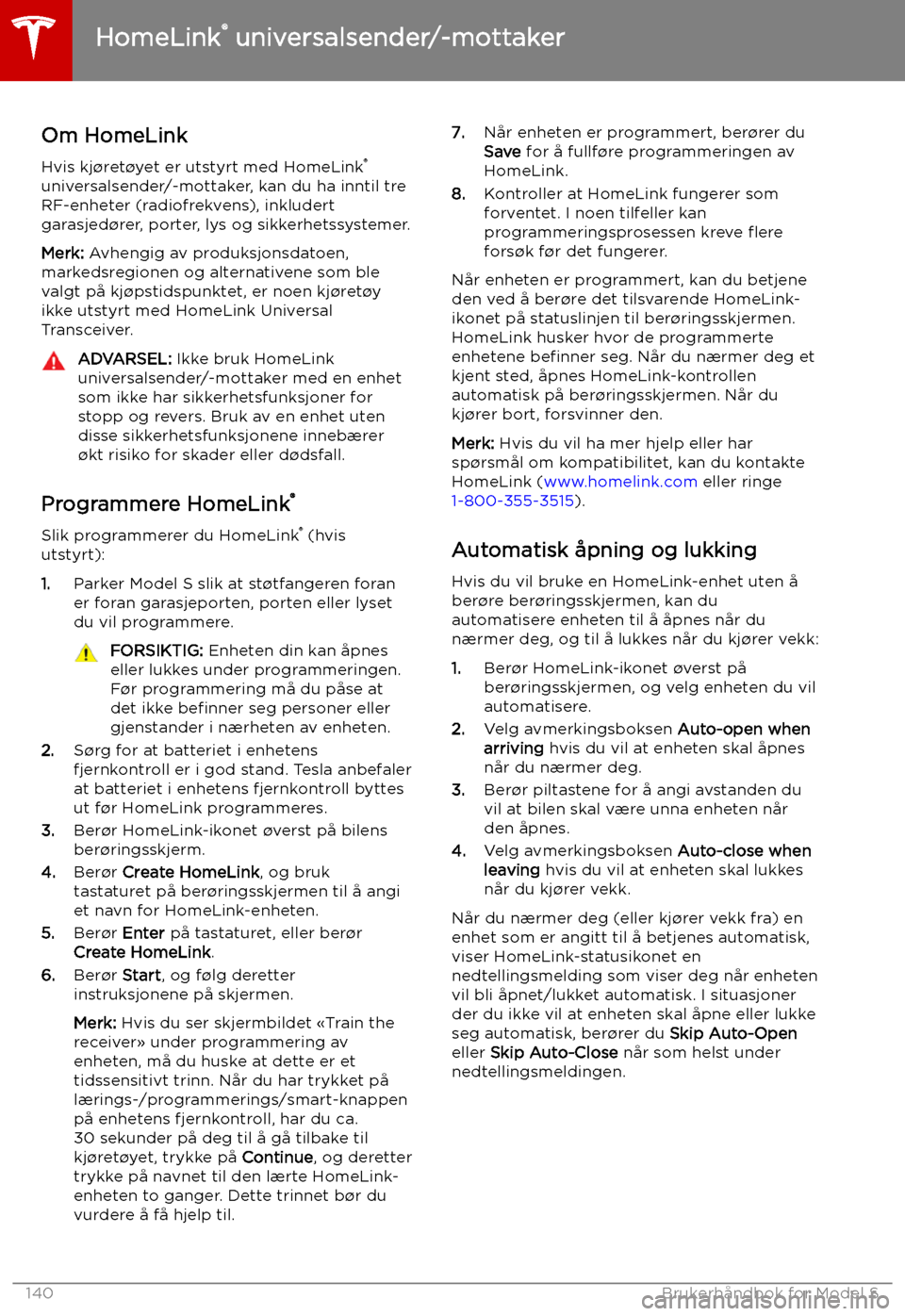 TESLA MODEL S 2019  Brukerhåndbok (in Norwegian) HomeLink