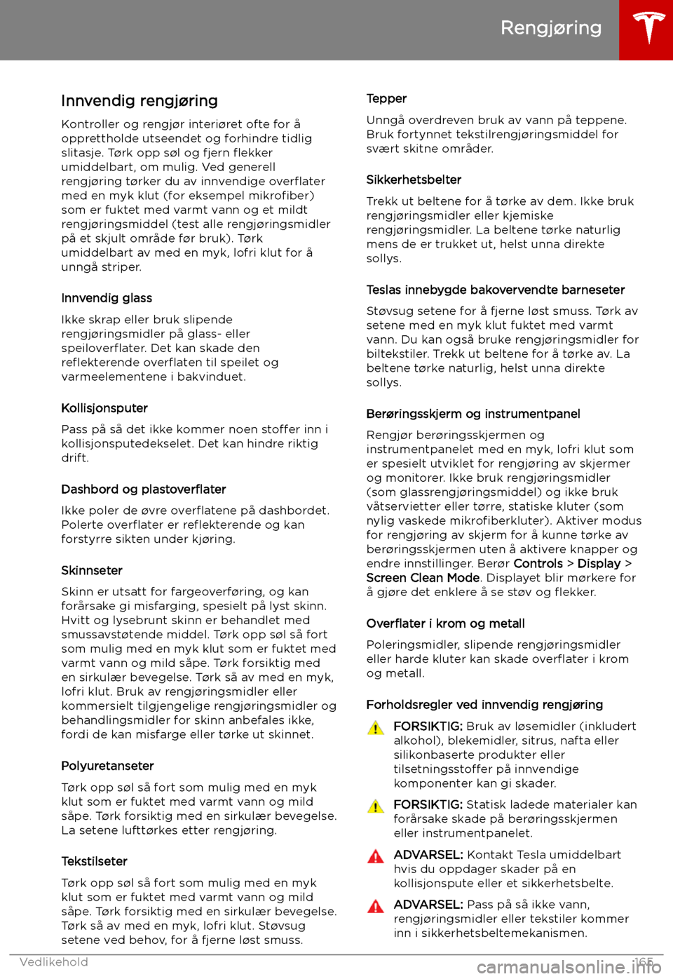 TESLA MODEL S 2019 Brukerhåndbok (in Norwegian) Innvendig rengj TESLA MODEL S 2019 Brukerhåndbok (in Norwegian) Innvendig rengj