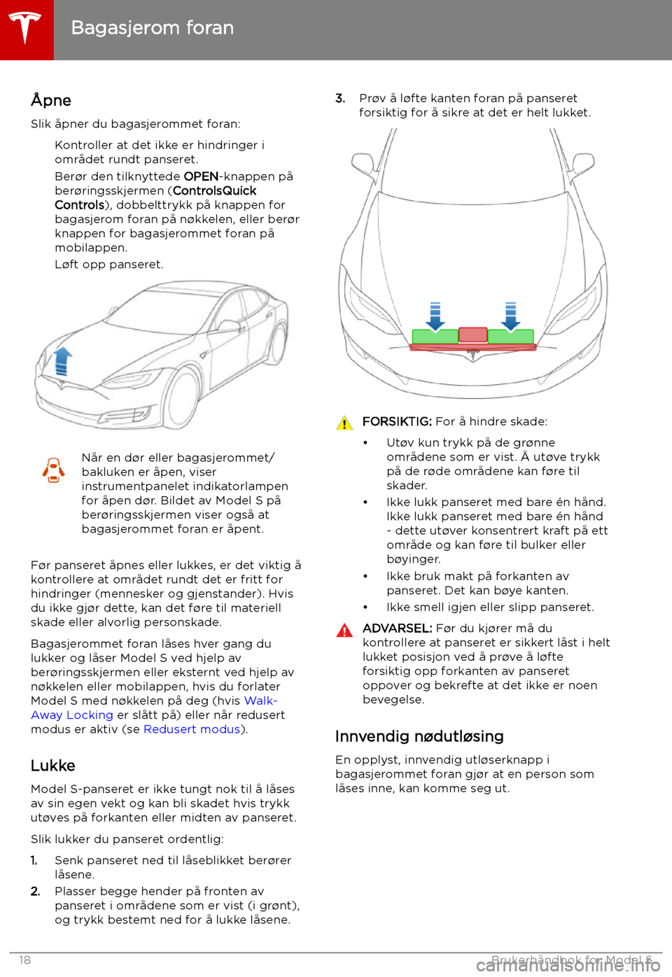 TESLA MODEL S 2019  Brukerhåndbok (in Norwegian) Bagasjerom foran
