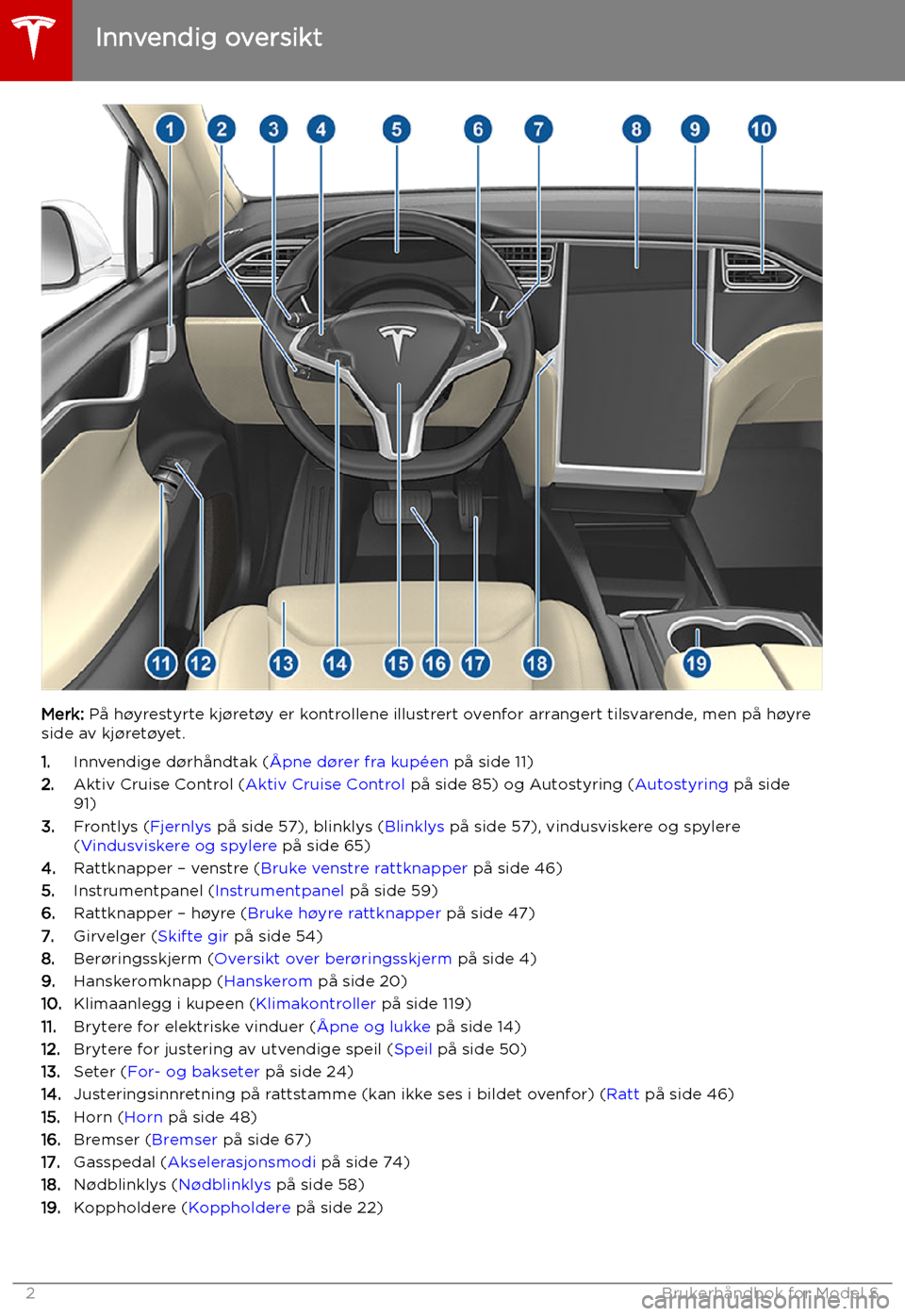 TESLA MODEL S 2019 Brukerhåndbok (in Norwegian) Oversikt
Innvendig oversikt
Merk: På h TESLA MODEL S 2019 Brukerhåndbok (in Norwegian) Oversikt
Innvendig oversikt
Merk: På h