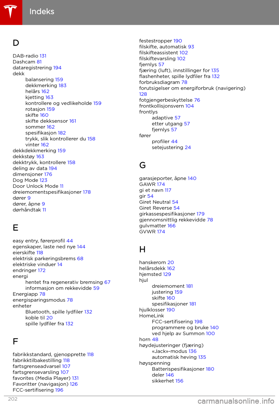 TESLA MODEL S 2019  Brukerhåndbok (in Norwegian) D
DAB-radio  131
Dashcam  81
dataregistrering  194dekkbalansering 159
dekkmerking  183
helårs  162
kjetting  163
kontrollere og vedlikeholde  159
rotasjon  159
skifte  160
skifte dekksensor  161
somm