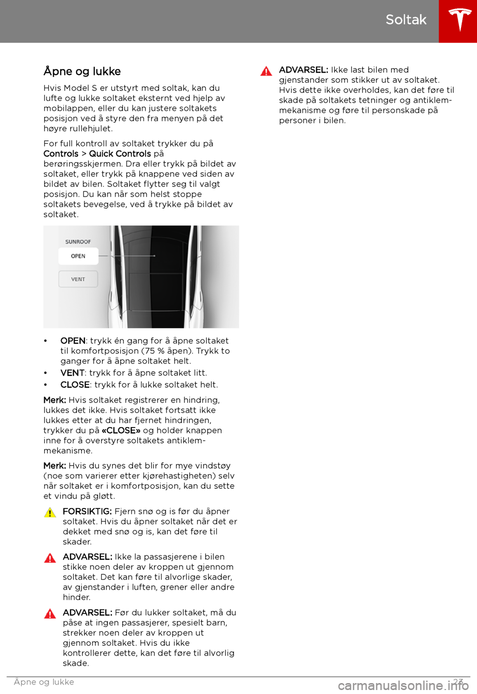 TESLA MODEL S 2019  Brukerhåndbok (in Norwegian) Soltak
