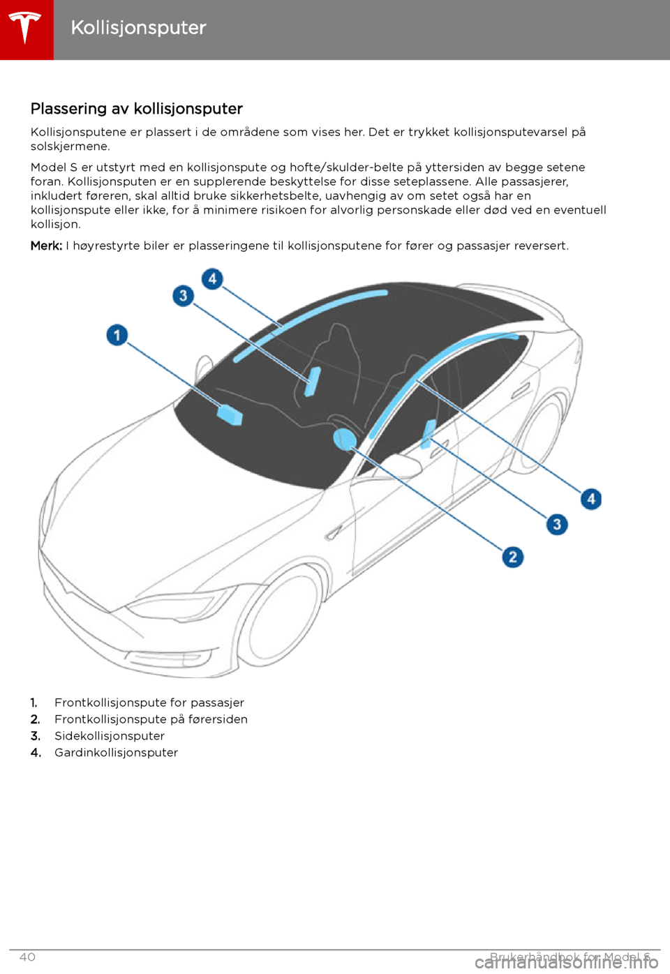 TESLA MODEL S 2019  Brukerhåndbok (in Norwegian) Kollisjonsputer
Plassering av kollisjonsputer Kollisjonsputene er plassert i de områdene som vises her. Det er trykket kollisjonsputevarsel påsolskjermene.
Model S er utstyrt med en kollisjonspute o