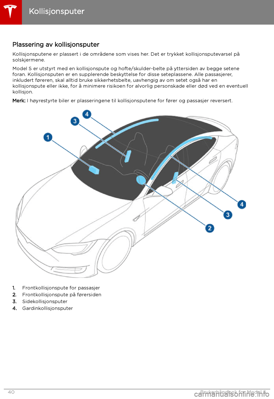TESLA MODEL S 2019 Brukerhåndbok (in Norwegian) Kollisjonsputer
Plassering av kollisjonsputer Kollisjonsputene er plassert i de områdene som vises her. Det er trykket kollisjonsputevarsel påsolskjermene.
Model S er utstyrt med en kollisjonspute o TESLA MODEL S 2019 Brukerhåndbok (in Norwegian) Kollisjonsputer
Plassering av kollisjonsputer Kollisjonsputene er plassert i de områdene som vises her. Det er trykket kollisjonsputevarsel påsolskjermene.
Model S er utstyrt med en kollisjonspute o