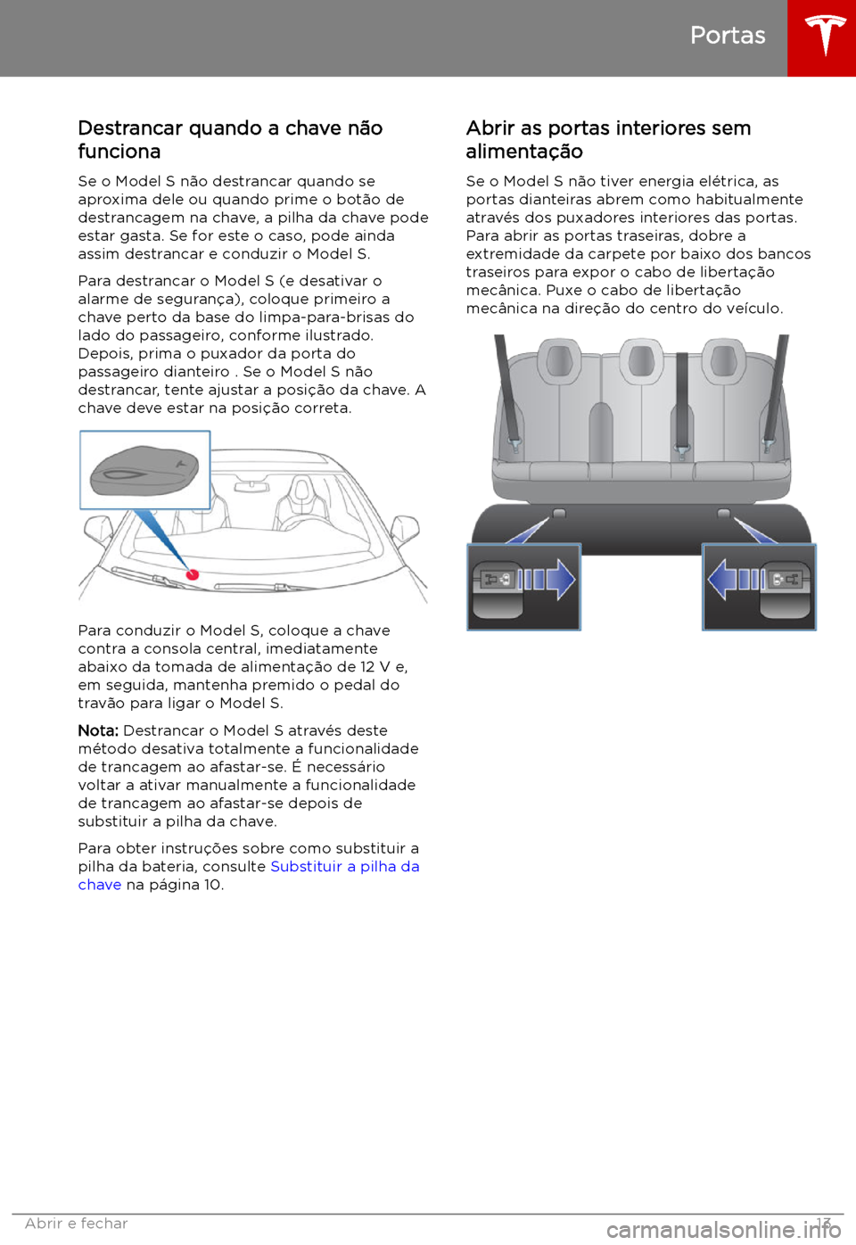 TESLA MODEL S 2019 Manual do proprietário (in Portuguese) Destrancar quando a chave n TESLA MODEL S 2019 Manual do proprietário (in Portuguese) Destrancar quando a chave n