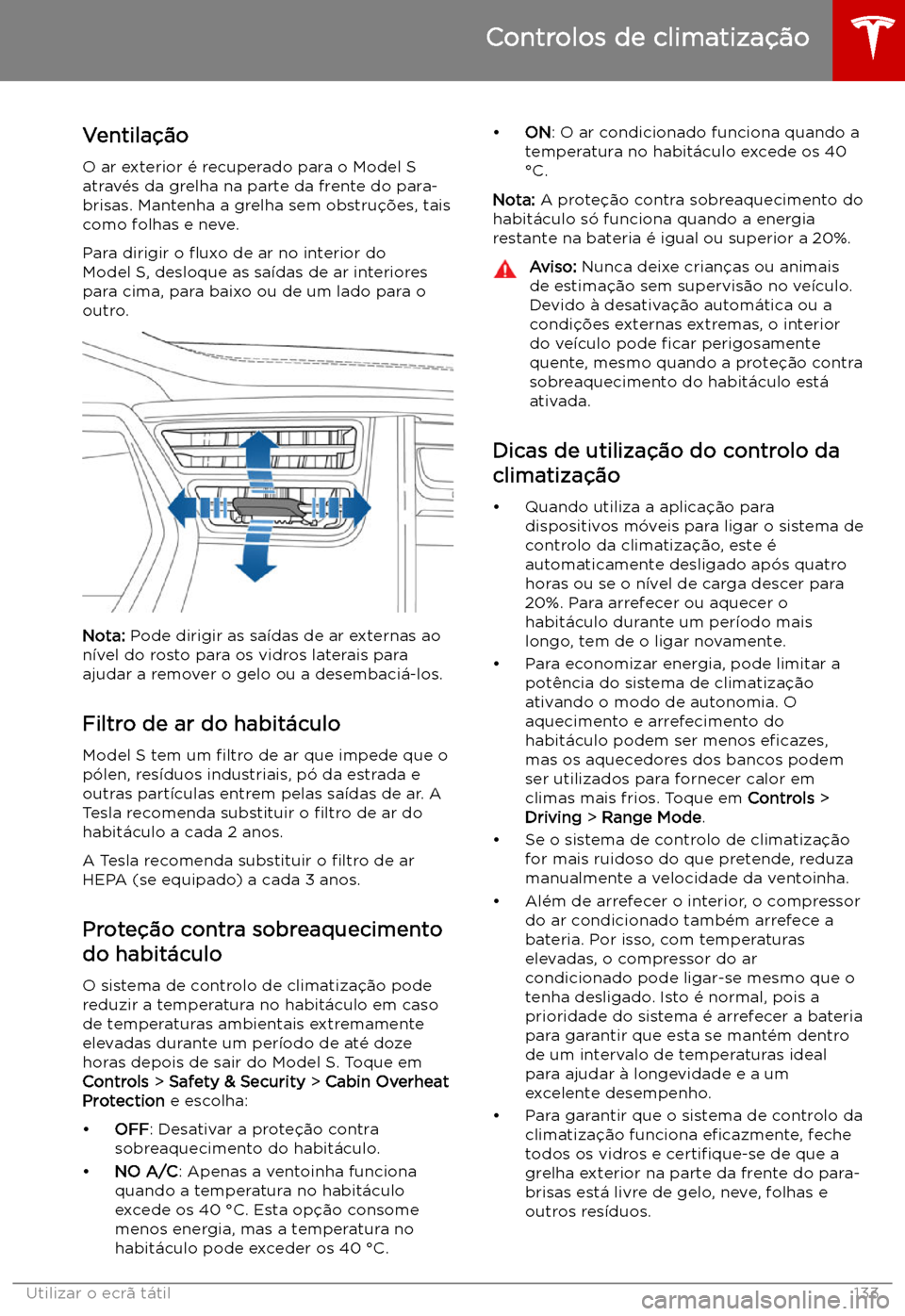 TESLA MODEL S 2019 Manual do proprietário (in Portuguese) Ventila TESLA MODEL S 2019 Manual do proprietário (in Portuguese) Ventila