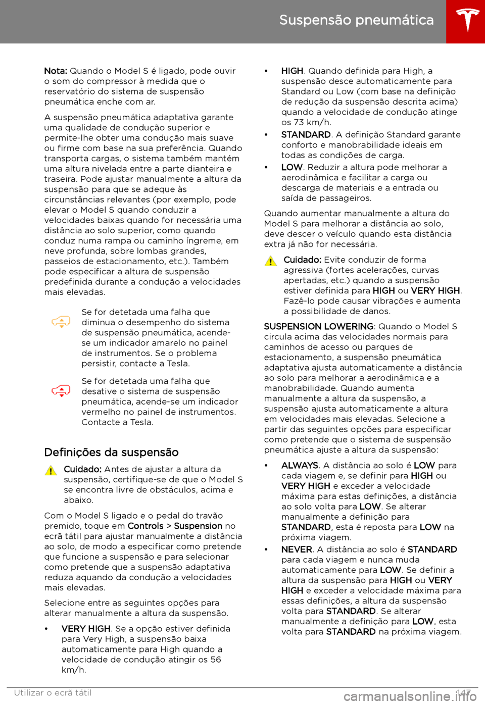 TESLA MODEL S 2019 Manual do proprietário (in Portuguese) Suspens TESLA MODEL S 2019 Manual do proprietário (in Portuguese) Suspens