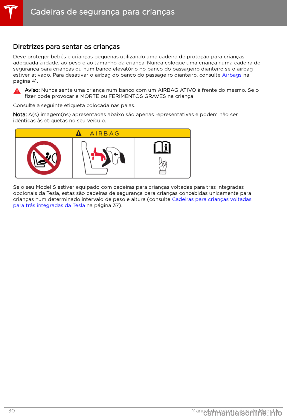 TESLA MODEL S 2019  Manual do proprietário (in Portuguese) Cadeiras de seguran