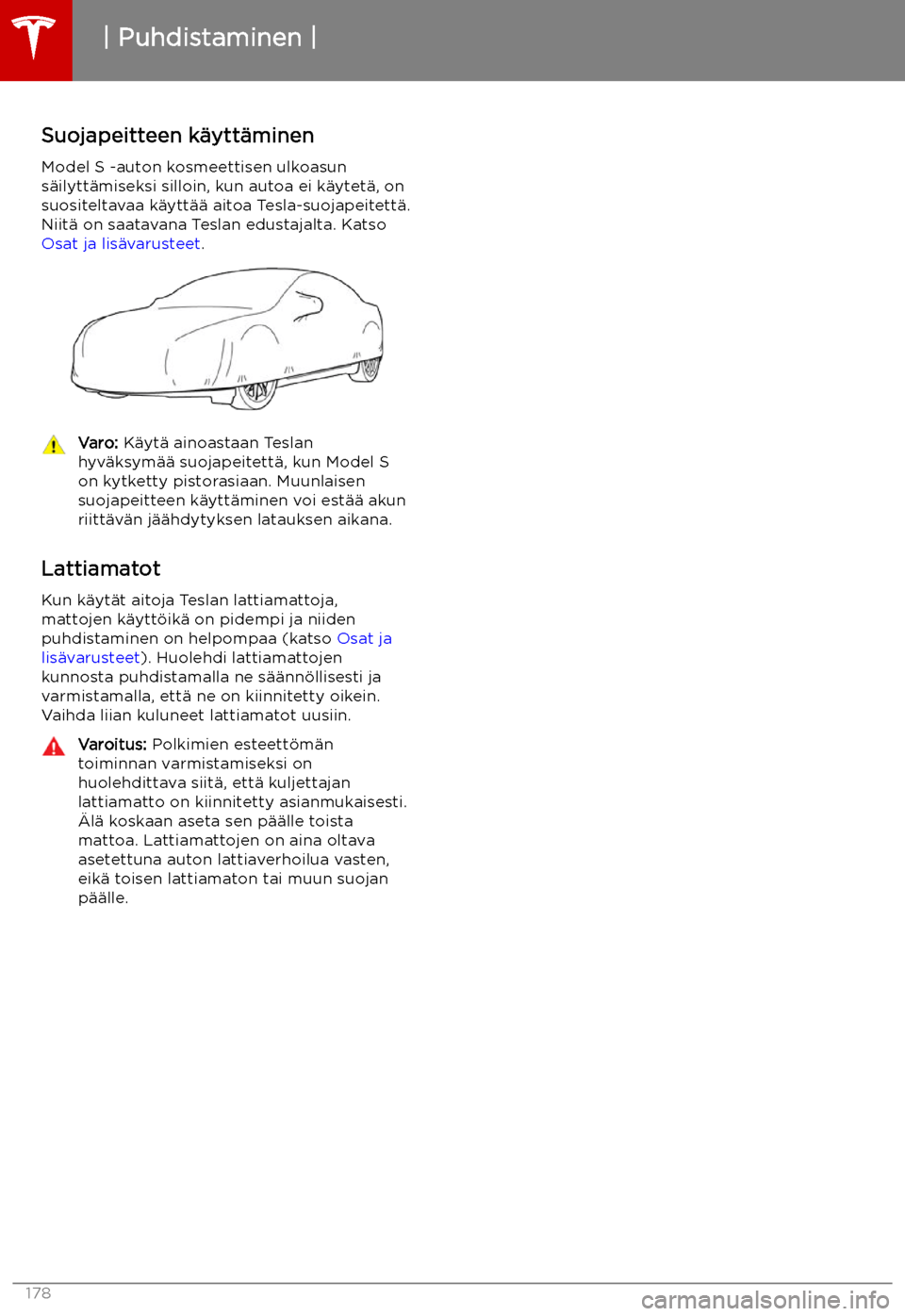TESLA MODEL S 2019  Omistajan käsikirja (in Finnish) Suojapeitteen k