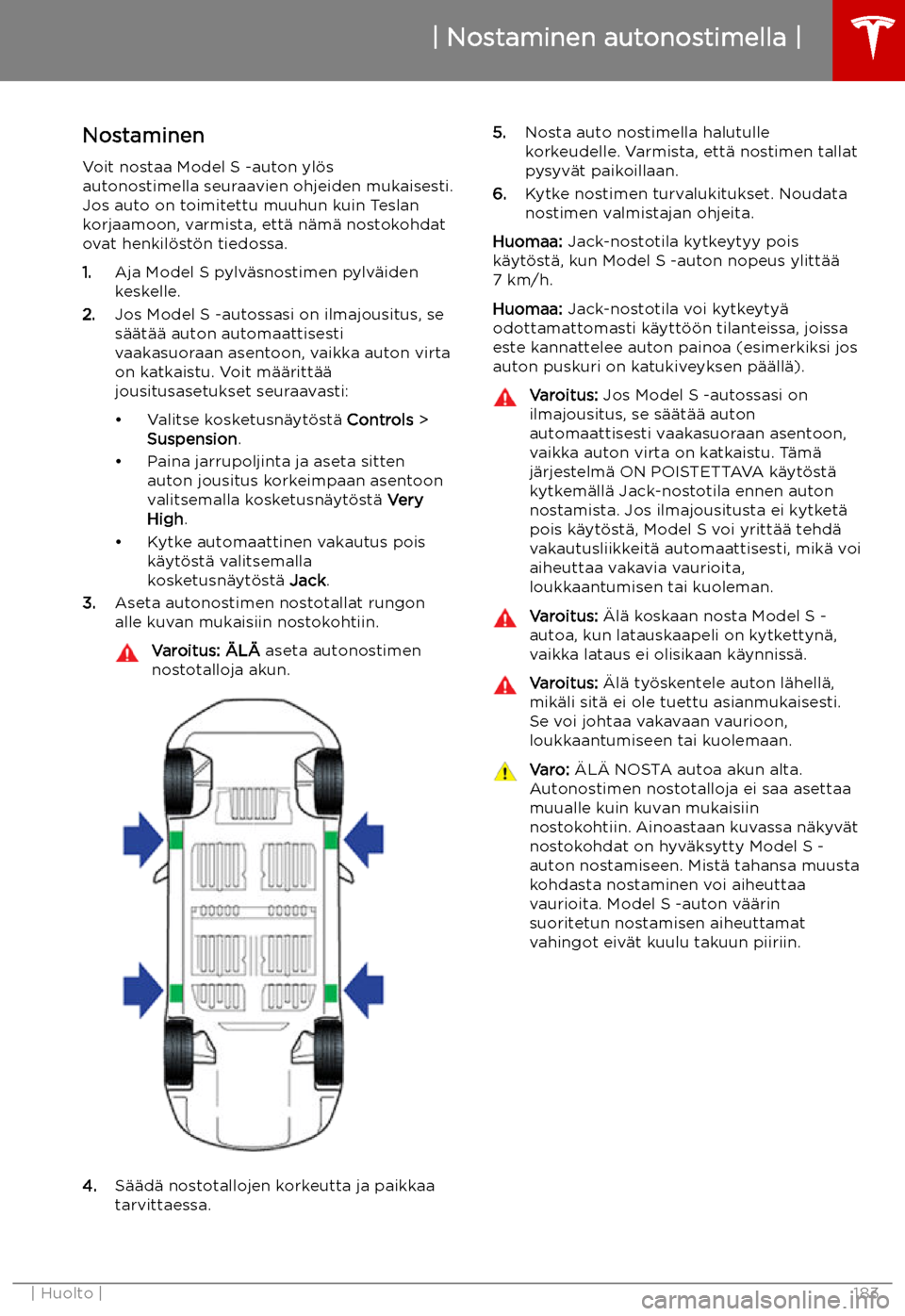 TESLA MODEL S 2019  Omistajan käsikirja (in Finnish) Nostaminen autonostimella
Nostaminen
Voit nostaa Model S -auton yl