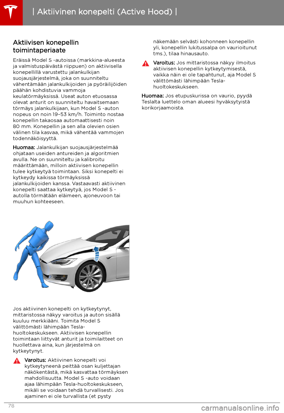 TESLA MODEL S 2019  Omistajan käsikirja (in Finnish) Aktiivinen konepelti (Active Hood)
Aktiivisen konepellin
toimintaperiaate
Er