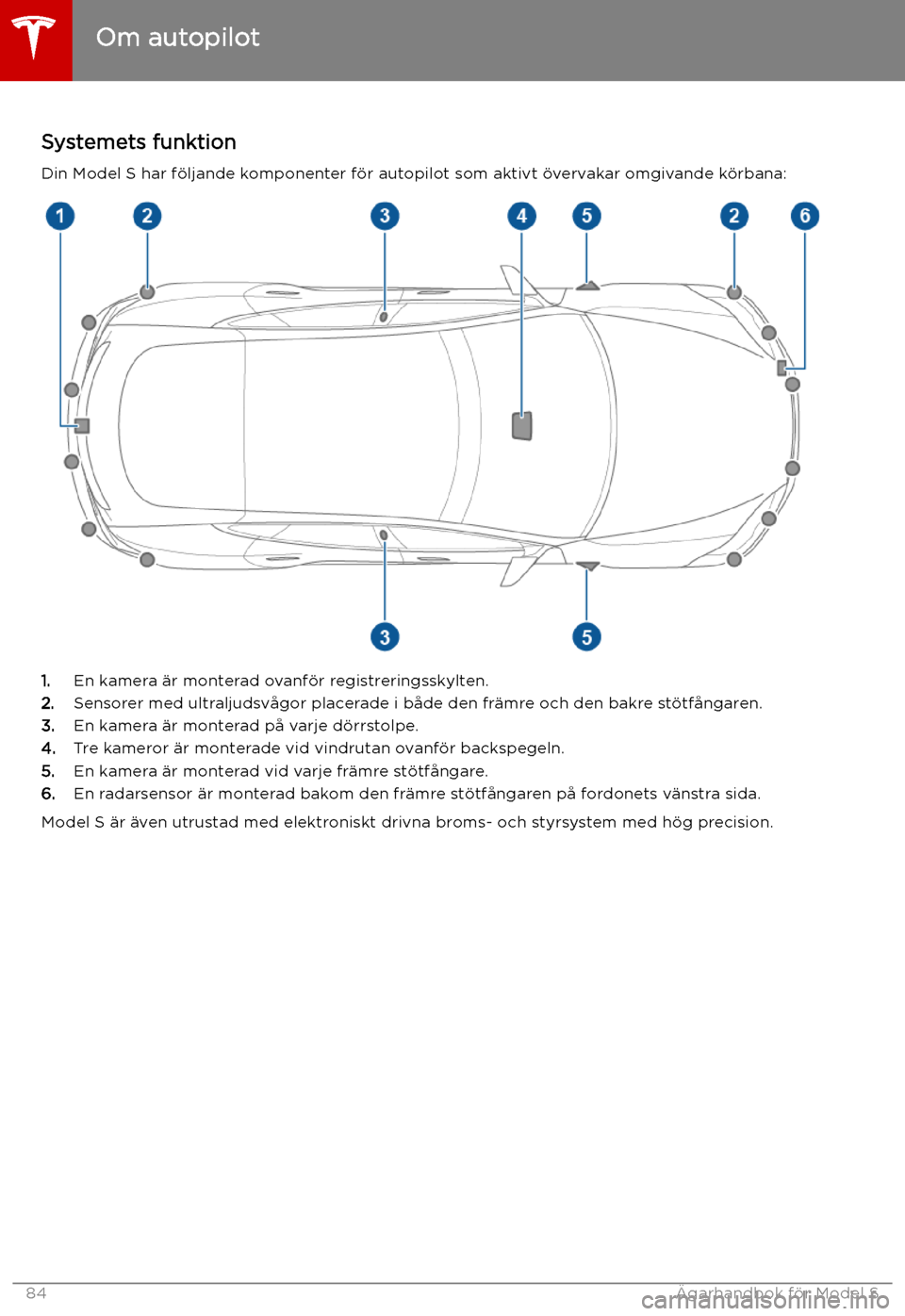 TESLA MODEL S 2019 Ägarmanual (in Swedish) Autopilot
Om autopilot
Systemets funktion Din Model S har f TESLA MODEL S 2019 Ägarmanual (in Swedish) Autopilot
Om autopilot
Systemets funktion Din Model S har f