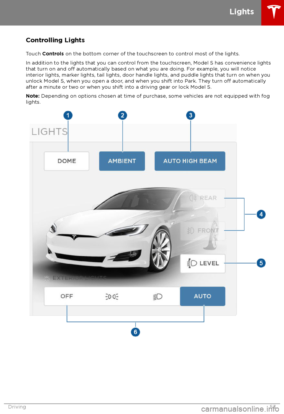 TESLA MODEL S 2018 Owners Manual Controlling Lights
Touch Controls on the bottom corner of the touchscreen to control most of the lights.
In addition to the lights that you can control from the touchscreen, Model S has convenience TESLA MODEL S 2018 Owners Manual Controlling Lights
Touch Controls on the bottom corner of the touchscreen to control most of the lights.
In addition to the lights that you can control from the touchscreen, Model S has convenience
