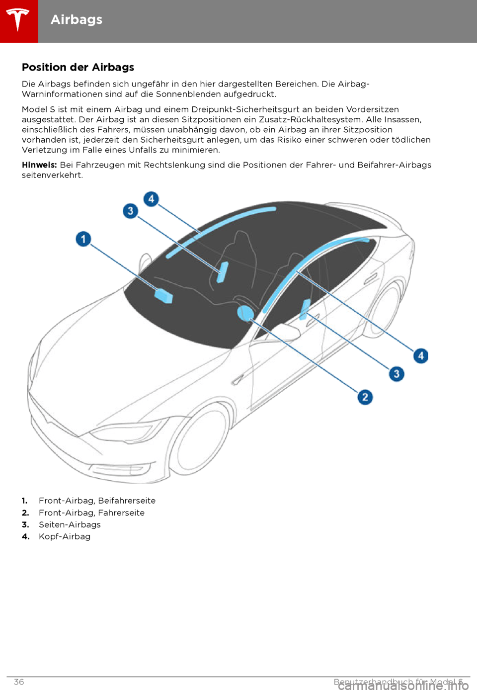 TESLA MODEL S 2018 Betriebsanleitung (in German) Position der Airbags
Die Airbags befinden sich ungef TESLA MODEL S 2018 Betriebsanleitung (in German) Position der Airbags
Die Airbags befinden sich ungef