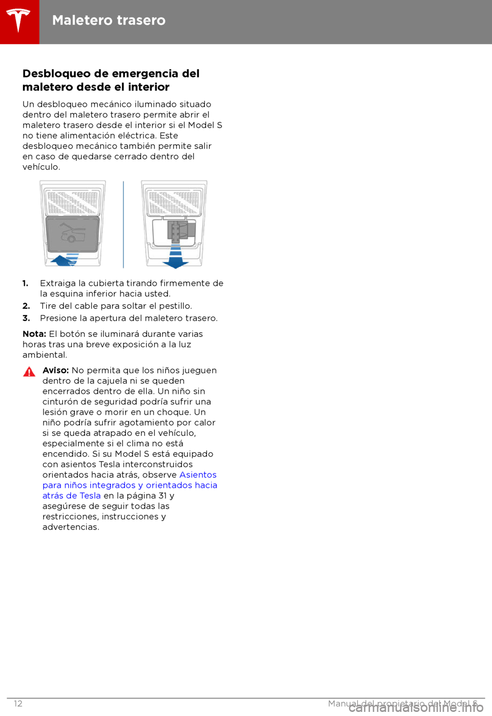 TESLA MODEL S 2018 Manual del propietario (in Spanish) Desbloqueo de emergencia del
malet ero desde el interior
Un desbloqueo mec TESLA MODEL S 2018 Manual del propietario (in Spanish) Desbloqueo de emergencia del
malet ero desde el interior
Un desbloqueo mec