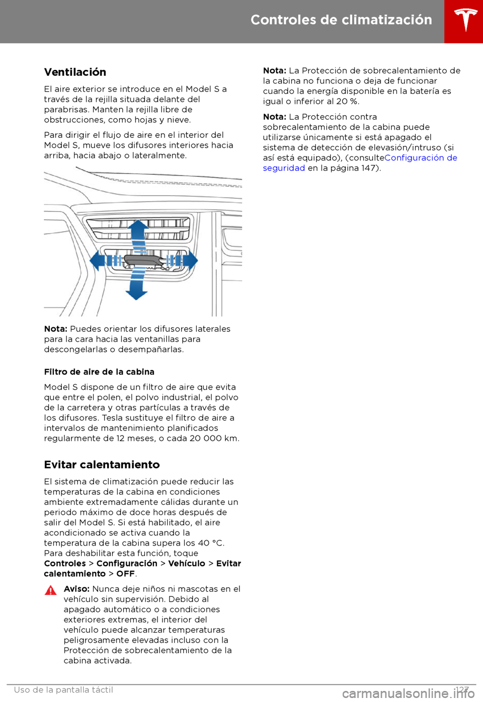 TESLA MODEL S 2018 Manual del propietario (in Spanish) Ventilaci TESLA MODEL S 2018 Manual del propietario (in Spanish) Ventilaci
