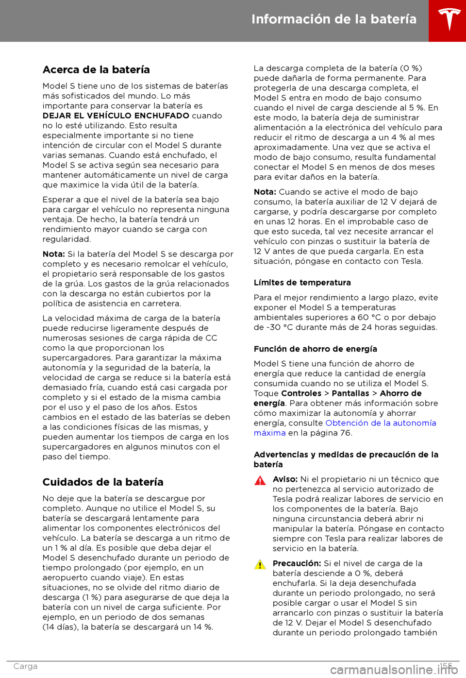 TESLA MODEL S 2018 Manual del propietario (in Spanish) Acerca de la bater TESLA MODEL S 2018 Manual del propietario (in Spanish) Acerca de la bater