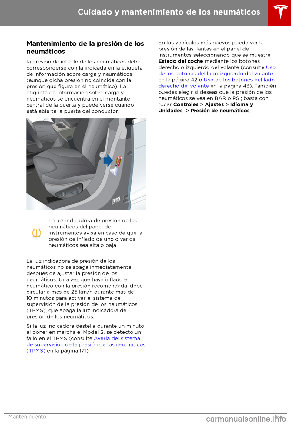 TESLA MODEL S 2018 Manual del propietario (in Spanish) Mantenimiento de la presi TESLA MODEL S 2018 Manual del propietario (in Spanish) Mantenimiento de la presi