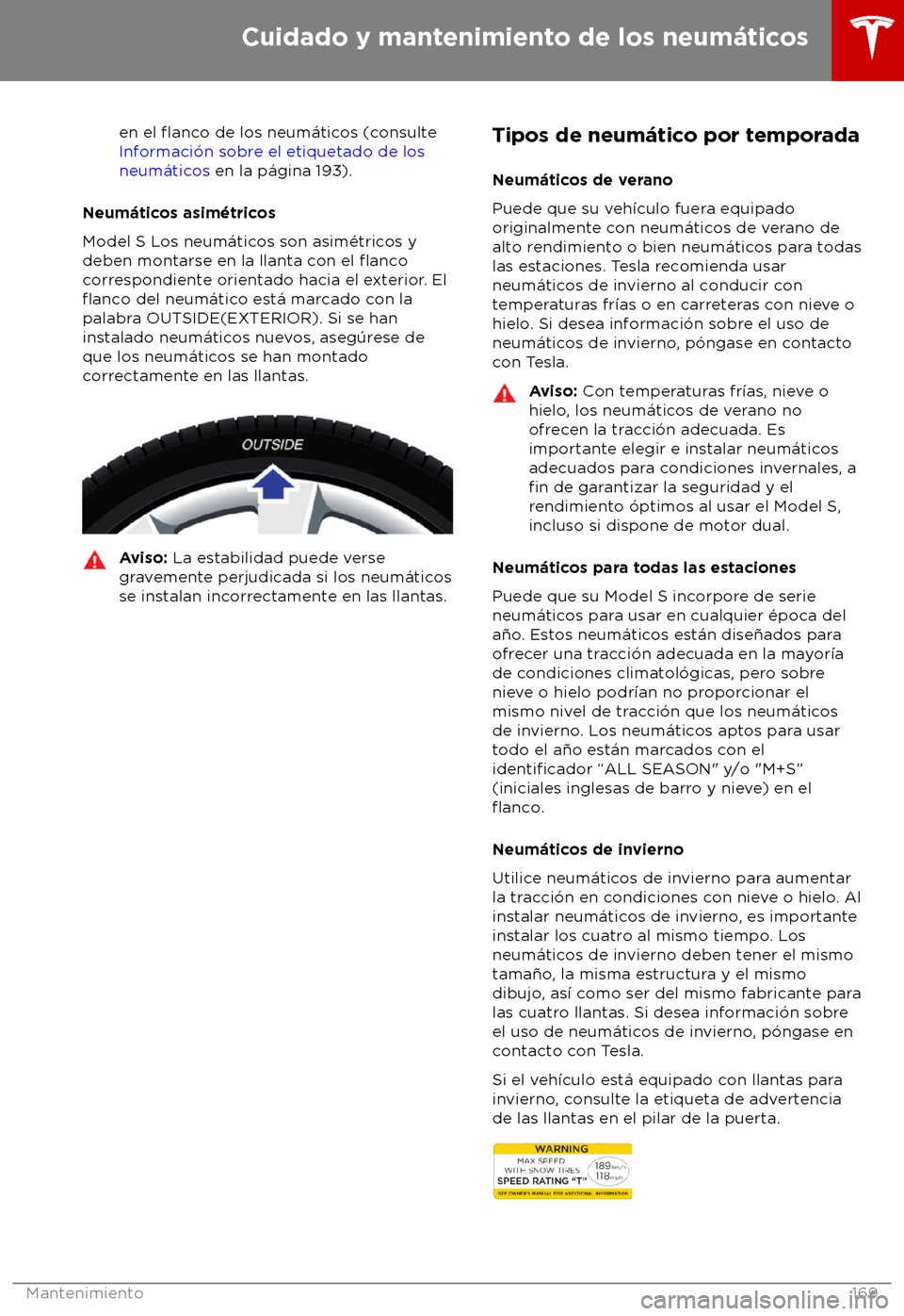 TESLA MODEL S 2018 Manual del propietario (in Spanish) en el flanco de los neum TESLA MODEL S 2018 Manual del propietario (in Spanish) en el flanco de los neum