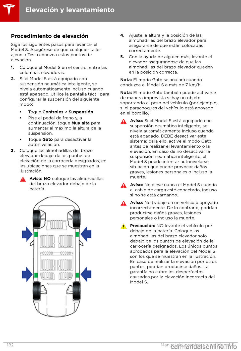 TESLA MODEL S 2018 Manual del propietario (in Spanish) Procedimiento de elevaci TESLA MODEL S 2018 Manual del propietario (in Spanish) Procedimiento de elevaci