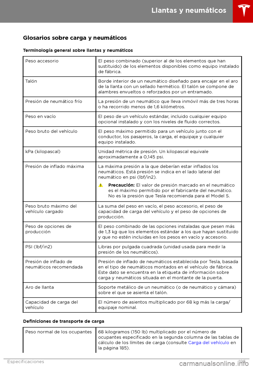 TESLA MODEL S 2018 Manual del propietario (in Spanish) Glosarios sobre carga y neum TESLA MODEL S 2018 Manual del propietario (in Spanish) Glosarios sobre carga y neum
