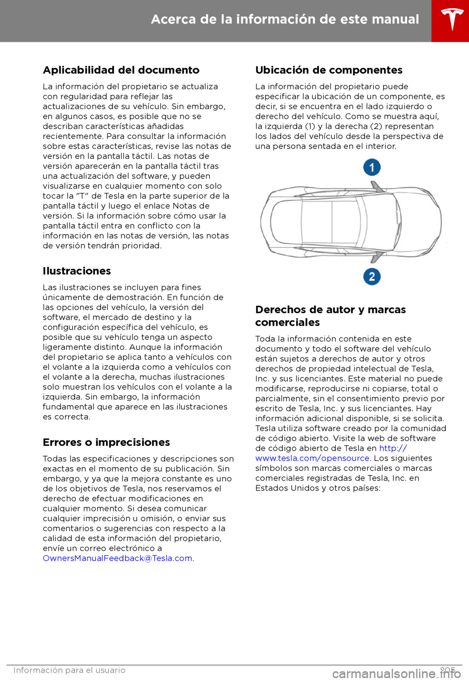 TESLA MODEL S 2018 Manual del propietario (in Spanish) Aplicabilidad del documento
La inf
ormaci TESLA MODEL S 2018 Manual del propietario (in Spanish) Aplicabilidad del documento
La inf
ormaci
