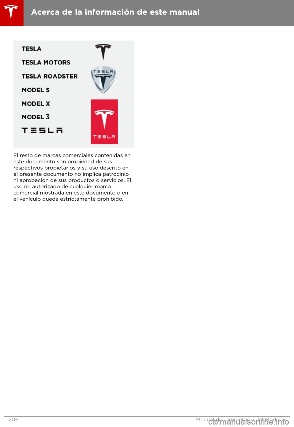TESLA MODEL S 2018 Manual del propietario (in Spanish) El resto de marcas comerciales contenidas en
es
te documento son propiedad de sus
respectivos propietarios y su uso descrito en
el presente documento no implica patrocinio
ni aprobaci TESLA MODEL S 2018 Manual del propietario (in Spanish) El resto de marcas comerciales contenidas en
es
te documento son propiedad de sus
respectivos propietarios y su uso descrito en
el presente documento no implica patrocinio
ni aprobaci
