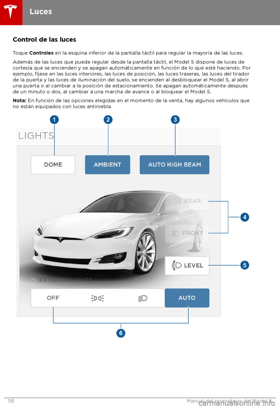 TESLA MODEL S 2018 Manual del propietario (in Spanish) Control de las luces
T oque Controles en la esquina inferior de la pantalla t TESLA MODEL S 2018 Manual del propietario (in Spanish) Control de las luces
T oque Controles en la esquina inferior de la pantalla t