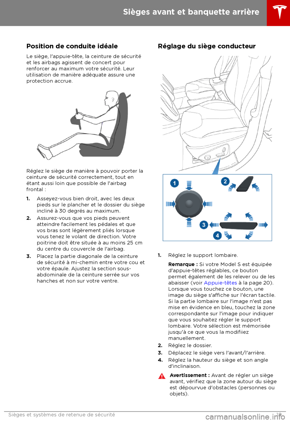TESLA MODEL S 2018 Manuel du propriétaire (in French) Position de conduite id TESLA MODEL S 2018 Manuel du propriétaire (in French) Position de conduite id