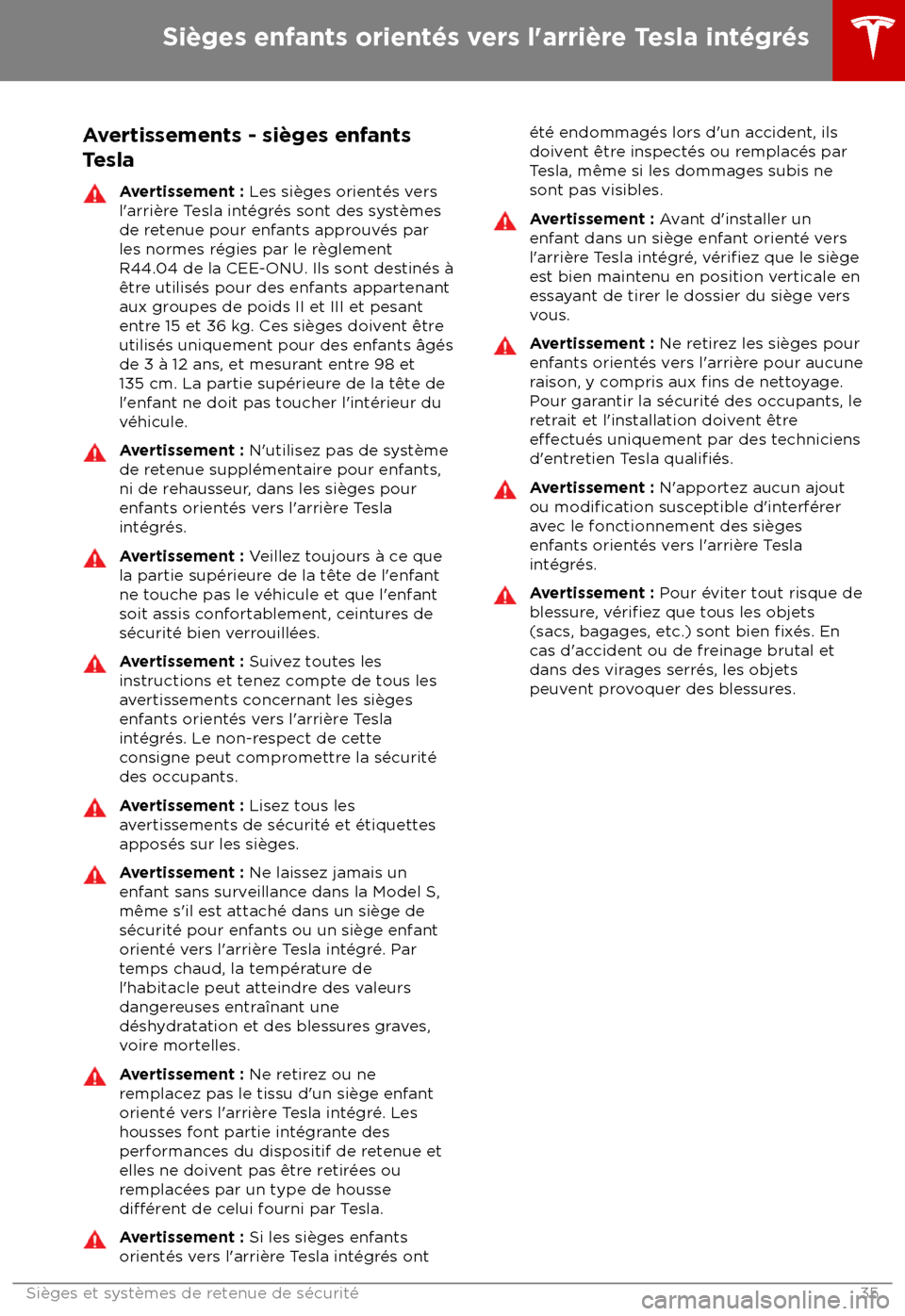 TESLA MODEL S 2018 Manuel du propriétaire (in French) Avertissements - si TESLA MODEL S 2018 Manuel du propriétaire (in French) Avertissements - si