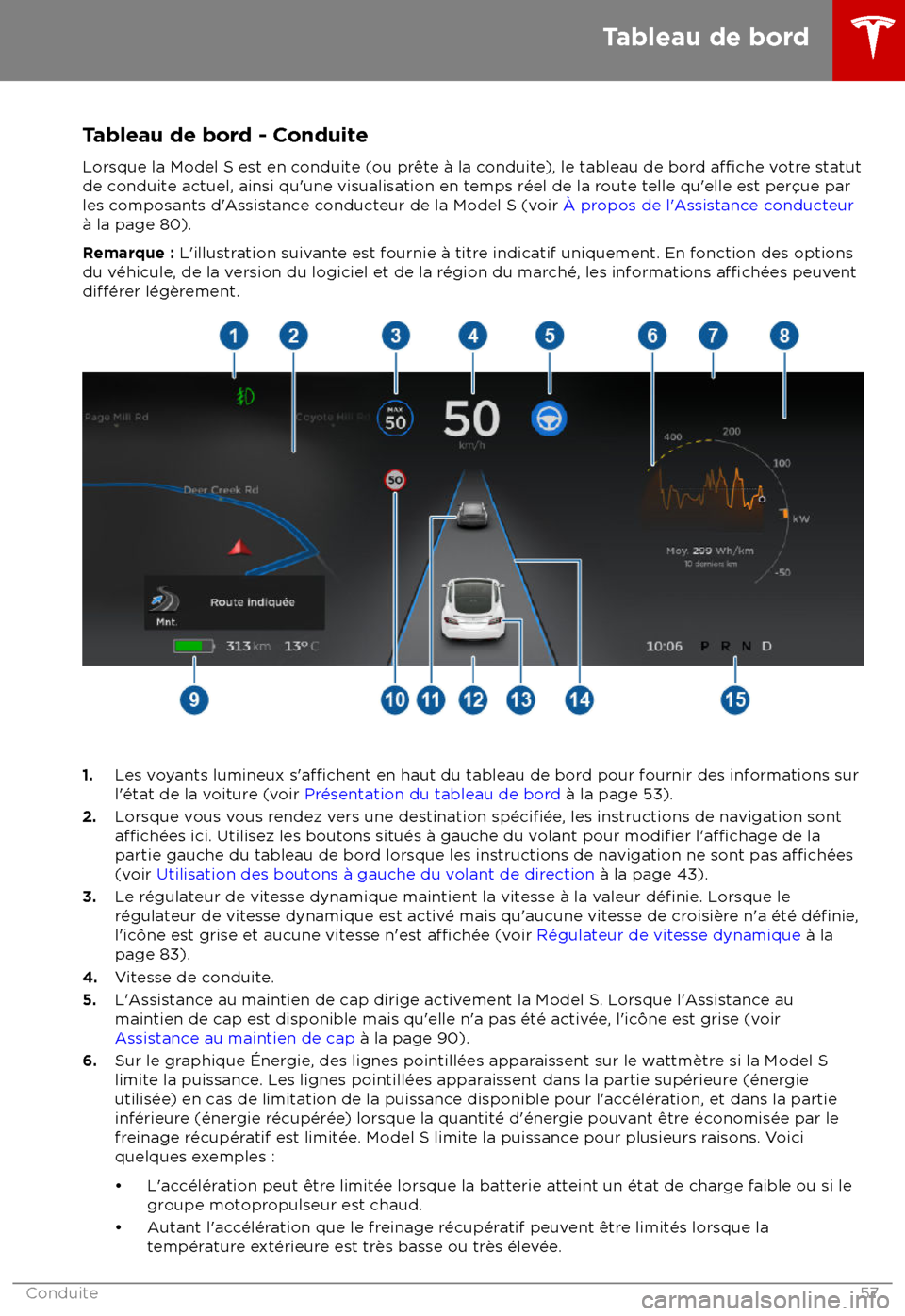 TESLA MODEL S 2018 Manuel du propriétaire (in French) Tableau de bord - Conduite
L orsque la Model S est en conduite (ou pr TESLA MODEL S 2018 Manuel du propriétaire (in French) Tableau de bord - Conduite
L orsque la Model S est en conduite (ou pr