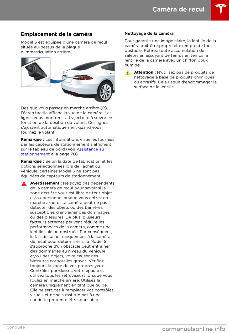TESLA MODEL S 2018 Manuel du propriétaire (in French) Emplacement de la cam TESLA MODEL S 2018 Manuel du propriétaire (in French) Emplacement de la cam