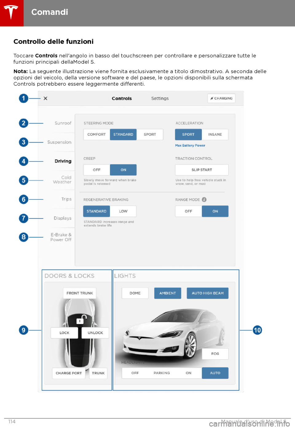 TESLA MODEL S 2018 Manuale del proprietario (in Italian) Controllo delle funzioni
T occare Controls nell TESLA MODEL S 2018 Manuale del proprietario (in Italian) Controllo delle funzioni
T occare Controls nell
