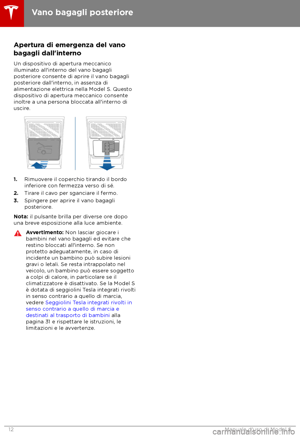 TESLA MODEL S 2018  Manuale del proprietario (in Italian) Apertura di emergenza del vano
bagagli dall