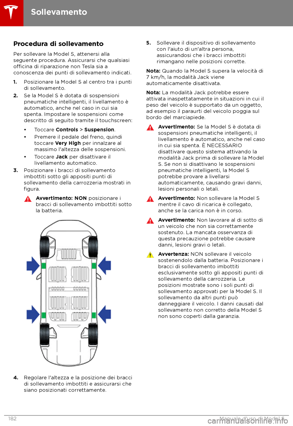 TESLA MODEL S 2018  Manuale del proprietario (in Italian) Procedura di sollevamento
P er sollevare la Model S, attenersi alla
seguente procedura. Assicurarsi che qualsiasi
o