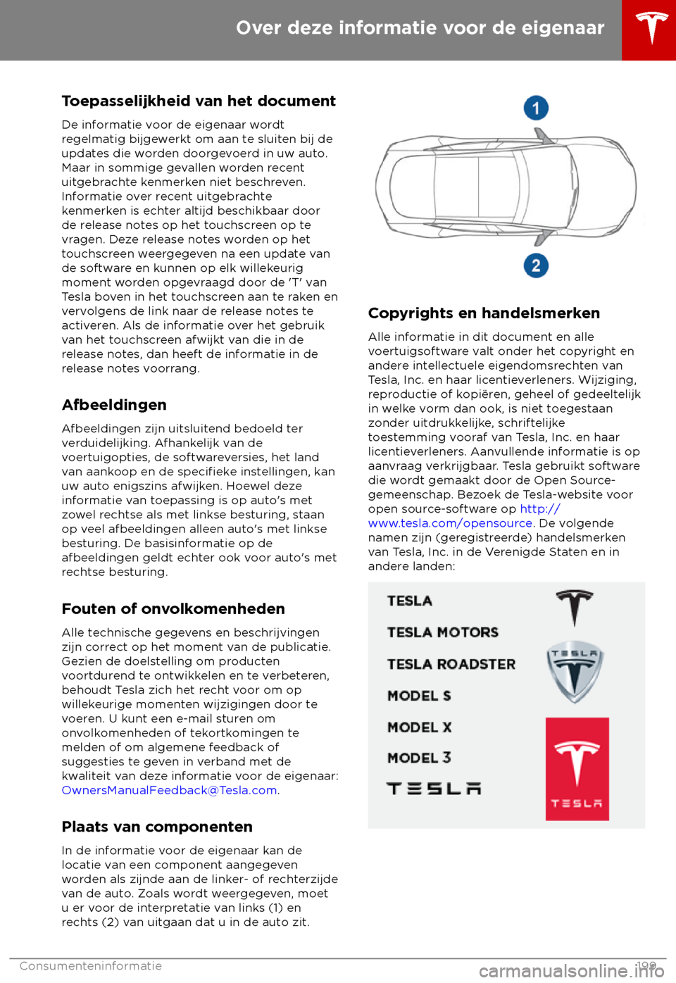 TESLA MODEL S 2018  Handleiding (in Dutch) Toepasselijkheid van het document
De inf ormatie voor de eigenaar wordt
regelmatig bijgewerkt om aan te sluiten bij de
updates die worden doorgevoerd in uw auto.
Maar in sommige gevallen worden recent